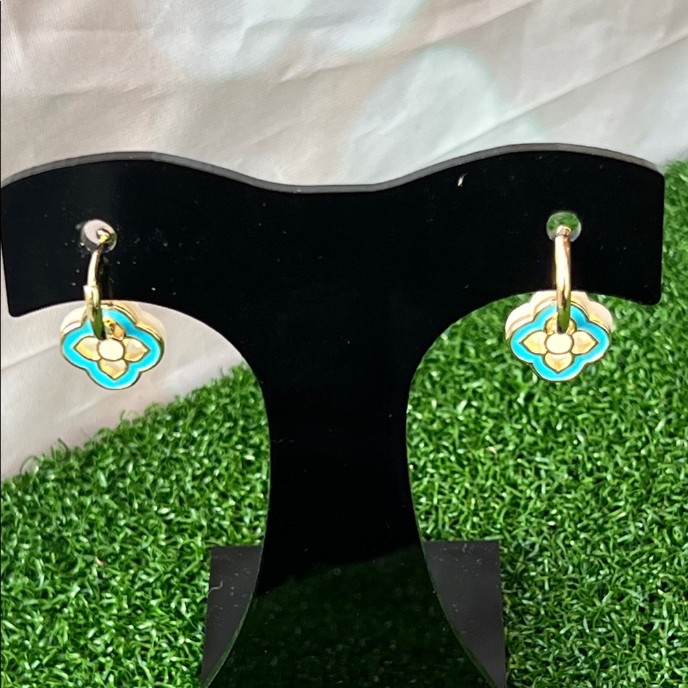Gold Hoop Earrings with Turquoise Flower Charm - Women Jewelry